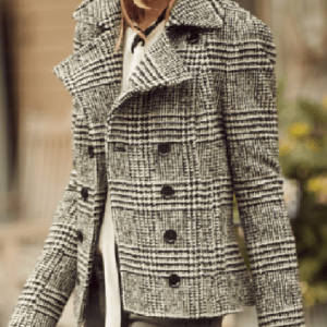 Shawl Collar Casual Tweed Plaid Blazer, Jackets, color:Black|size:3XL, JustFashionNow