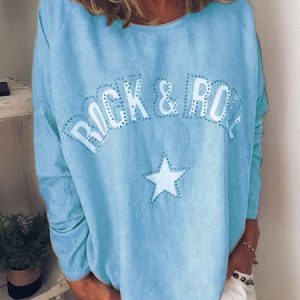 Round Neck Long Sleeve Letter Tunic Top, Blouses, color:Light Blue|size:3XL, Noracora