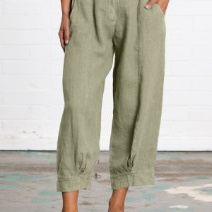 Summer Linen Women Daily Loose Capri Pants With Pockets, Pants, color:Beige|size:XXL, JustFashionNow