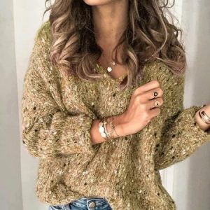Red V Neck Long Sleeve Sweater, Sweaters, color:Khaki|size:4XL, JustFashionNow