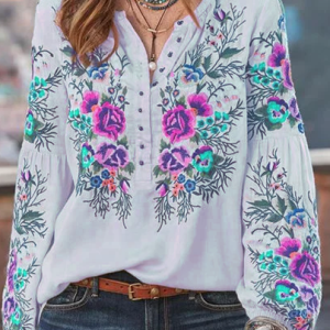 Casual Floral V Neck Long Sleeve Tunic Blouse, Shirts, color:Blue|size:5XL, Noracora