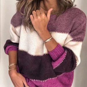 Long Sleeve Casual Paneled Crew Neck Sweater, Sweaters, color:Purple|size:3XL, JustFashionNow