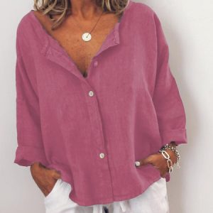 Women Casual Solid V Neck Cotton Long Sleeve Buttoned Tunic Top, Shirts, color:Rose|size:XXL, catalog Noracora shop