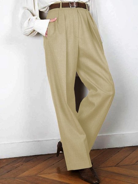 Khaki Plain Cotton-Blend Vintage Pants, Pants, Roselinlin - Online Catalog