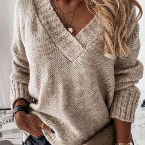 Shift Casual V Neck Plain Tunic Sweater Knit Jumper, Sweaters, color:Khaki|size:XXL, Noracora
