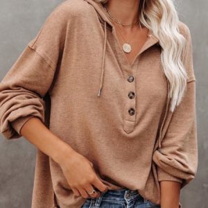 Women's Solid Color Hooded Button Drawstring Sweatshirt, Sweatshirts & Hoodies, color:Khaki|size:3XL, JustFashionNow