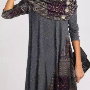 Round Neck Casual Long Sleeve Knitting Dress, Casual Dresses, color:Gray|size:XXL, JustFashionNow