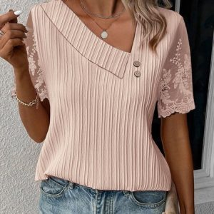 Casual Plain Loose Asymmetrical Neck Lace Shirt, Blouses, color:Pink|size:XXL, Noracora