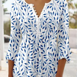 Casual V neck Leaf Loose Three Quarter Tunic Top, Tops, color:Blue|size:XXL, Noracora