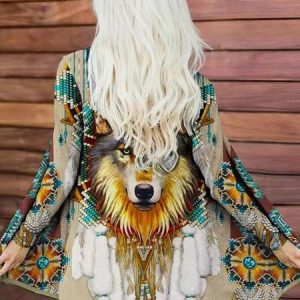 Ethnic Animal Jersey Casual Trench Coat, Trench coat, color:Khaki|size:XXL, Noracora