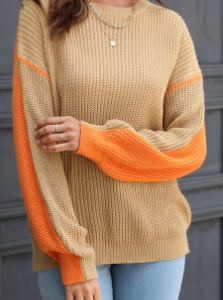 Casual Loose Acrylic Color Block Sweater, Sweaters, color:Khaki|size:XL, Noracora