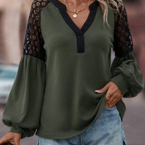Long sleeve V Neck Loose Plain Casual Sweatshirt, Hoodies & Sweatshirts, color:Green|size:XXL, Noracora
