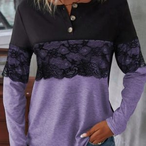 Casual Lace Long Sleeve V Neck T-shirt, Blouses, color:Purple|size:XXL, Noracora