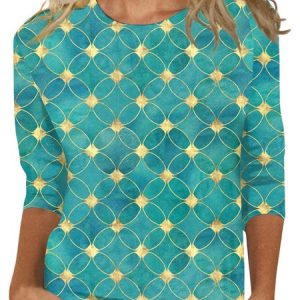 Jersey Floral Casual Loose T-Shirt, T-shirts, color:Cyan|size:XXL, Noracora