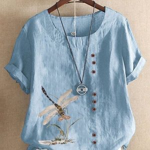 Casual Crew Neck Dragonfly Buttoned Shirt, Blouses, color:Blue|size:XXL, Noracora