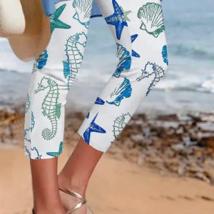 Casual Marine Life Print Capri Legging, Leggings, color:White|size:XXL, Noracora