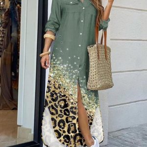 Loose Shirt Collar Casual Dress, Maxi, color:Dark Green|size:3XL, Noracora