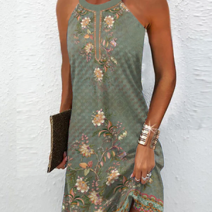 Halter Casual Ethnic Floral Printed Dress, Short, color:Green|size:XXL, Noracora