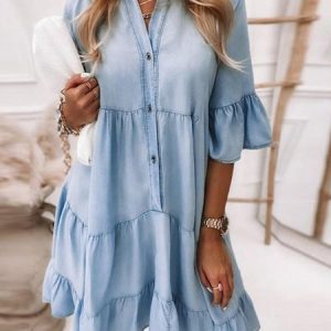Shirt Collar Cotton-Blend Casual Denim Dress With No, Short, color:Blue|size:3XL, Noracora