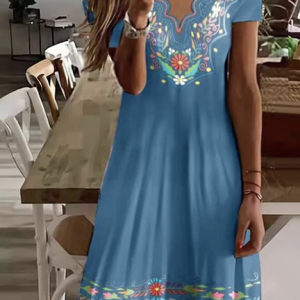Ethnic Casual V Neck Loose Dress, DRESSES, color:Blue|size:5XL, Noracora