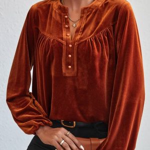 Plain Casual Long sleeve V neck Top, Blouses, color:Orange|size:XXL, Noracora