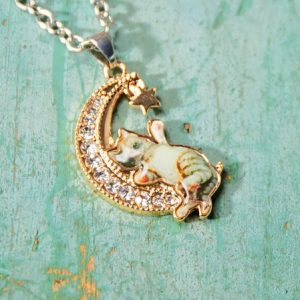 Casual Diamond Moon Kitten Necklace, Necklace, color:Golden|size:One-size, Noracora