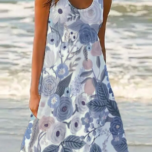 Crew Neck Floral Loose Boho Dress, Short, color:Multicolor|size:XXL, Noracora