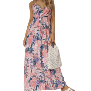 Loose Floral Vacation V Neck Dress, Maxi, color:Pink|size:XXL, Noracora
