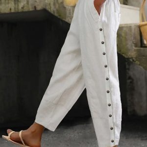 Women Loose Casual Button Pockets Elastic Waist Plain Cotton Linen Pants, Pants, Roselinlin - Online Catalog