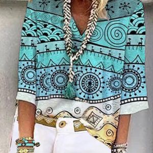 V Neck Holiday 3/4 Sleeve Shift Top, Blouses, color:Blue|size:3XL, Noracora