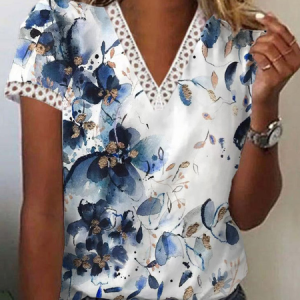 V Neck Lace Casua lPrinted Shirt, Blouses, color:Blue|size:3XL, Noracora