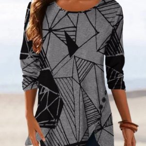 Casual Abstract Long Sleeve Crew Neck Printed Top Tunic T-Shirt, T-shirts, color:Black|size:XXL, Noracora