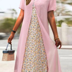Crew Neck Loose Floral Casual Dress, Maxi, color:Pink|size:XXL, Noracora