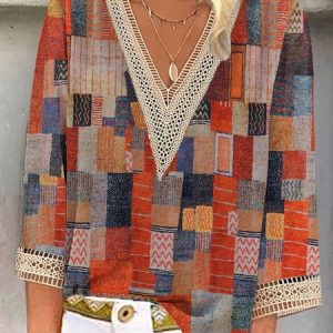 Geometric Colorblock Hollow Out Lace V Neck Casual Shirt, Blouses, color:Multicolor|size:XXL, Noracora