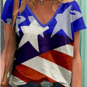 Independence Day Casual Jersey T-Shirt, T-shirts, color:Blue|size:XXL, Noracora