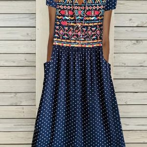 Casual V Neck Short Sleeve Woven Dress, Midi, color:flower|size:XXL, Noracora