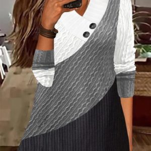 Long sleeve V Neck Buckle Color Block Casual Sweatshirt, Hoodies & Sweatshirts, color:Gray|size:XXL, Noracora