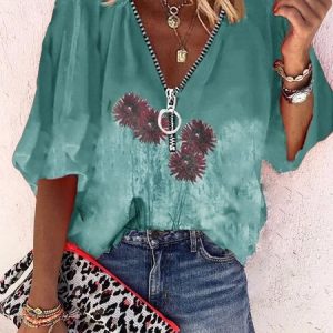 V Neck Cotton Loose Casual Shirts, Blouses, color:Green|size:3XL, Noracora