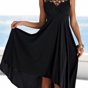 Plain Crew Neck Casual Hot Drilling Dress, Midi, color:Black|size:XXL, Noracora