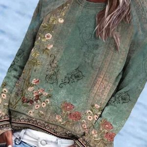 Plus Size Casual Ethnic Jersey Crew Neck Sweatshirt, TOPS, color:Green|size:4X, Noracora