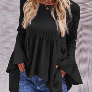 Party Crew Neck Plain Loose Top, Blouses, color:Black|size:XXL, Noracora
