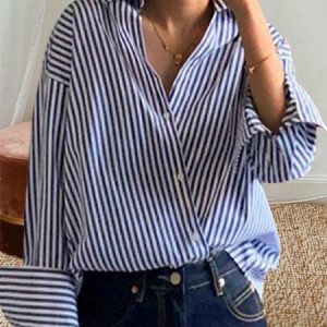 Striped Long Sleeve Buckle Casual Blouse, Shirts, color:Blue|size:L, Noracora