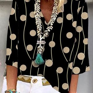 Women's Daily Casual Three Quarter Sleeve Sleeve V Neck Boho Printed Loose Top, Blouses, color:Black|size:XS, Noracora