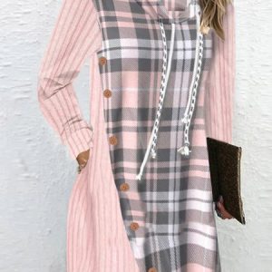 Jersey Casual Long sleeve Hoodie Plaid Dress, Short, color:Pink|size:XXL, Noracora