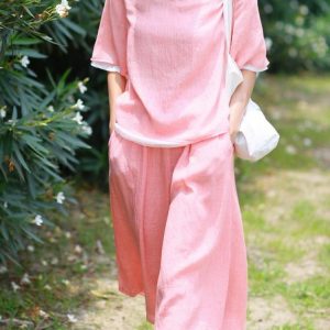 Loose Casual Plain Crew Neck Two-Piece Set, Sets, color:Pink|size:XL, Noracora