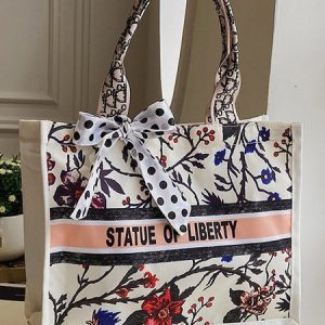 Fashion Printed Canvas Bag 2023 New Ladies Portable Tote Bag Student Remedial Shopping Bag, Bags, color:Off White, Noracora