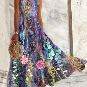 Women Boho Floral Print Off Shoulder Regular Fit Maxi Dress, Maxi, color:Blue|size:XXL, Noracora