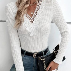 Lace Casual Long sleeve V neck T-Shirt, T-shirts, color:White|size:XXL, Noracora