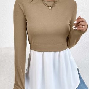 Loose Casual Plain Top, Blouses, color:Khaki|size:XXL, Noracora