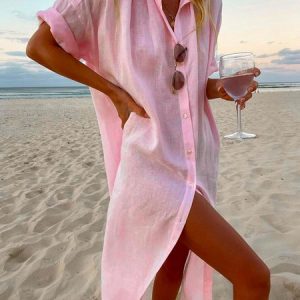 Casual Solid Lapel Long Sleeve Loose Dress, Maxi, color:Pink|size:XXL, Noracora